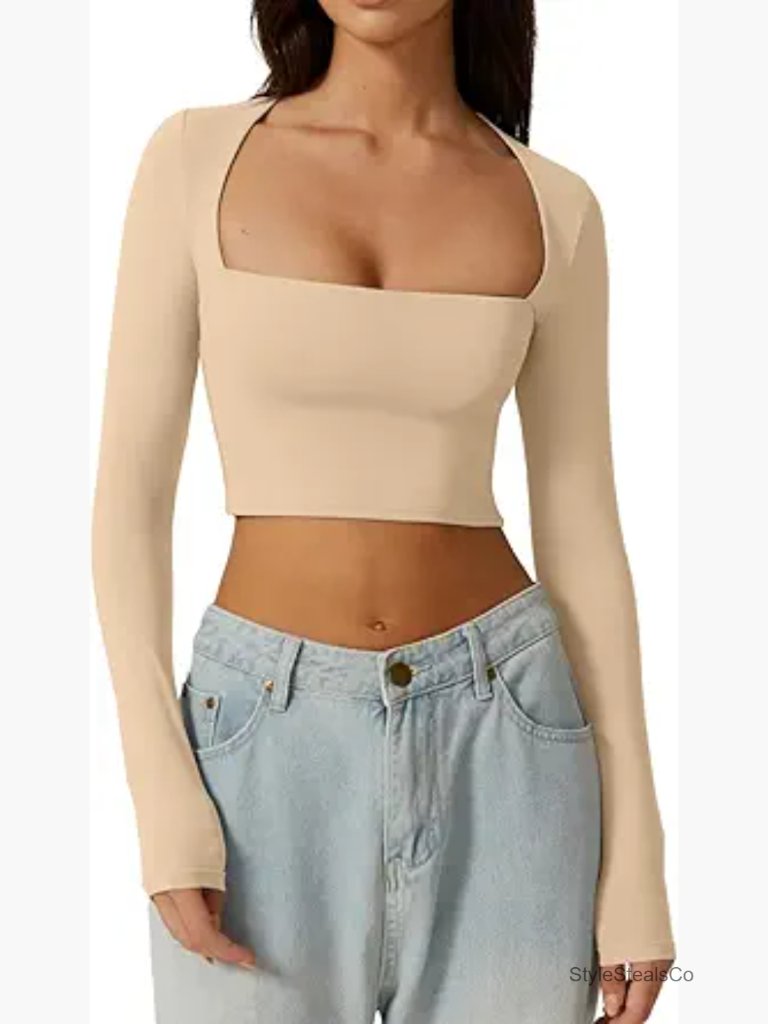 Square Neck Crop Top Long Sleeve Slim Fit Cropped T-Shirt